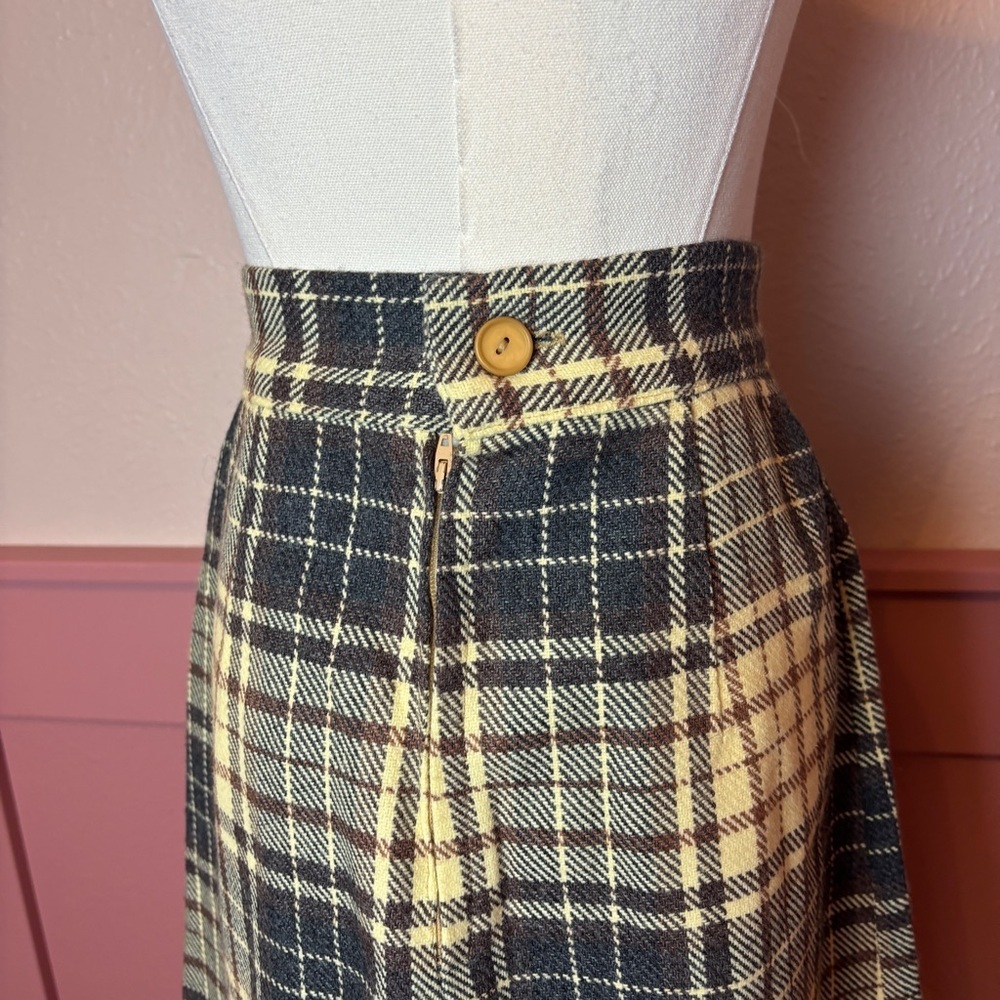 vtg 80s plaid cottage indie high waisted skirt small brown grey cream - Picture 3 of 11